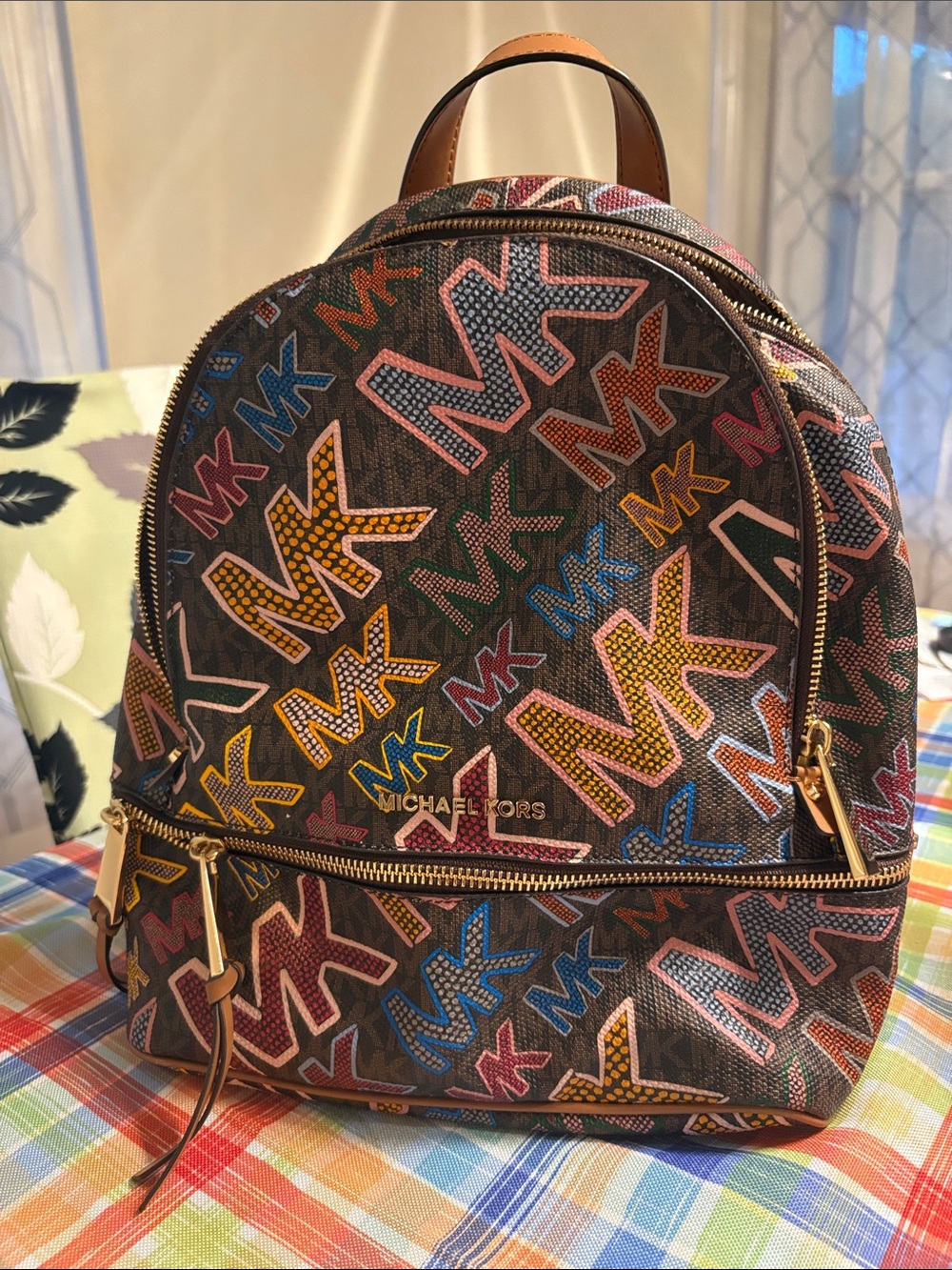 Michael Kors Brown Mini Backpack with Multicolor MK Print